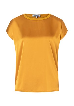 Short-sleeve yellow top made from smooth fabric with a round neckline. Features a solid color and a relaxed fit.