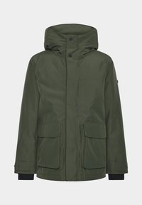 Vihreä vedenpitävä takki, jossa on huppu, napitus, kaksi etutaskua ja mustat hihat. Sileä pinta, jossa minimaalinen logotieto.