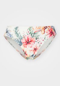 Blomstrete bikini-bunn med hvit bakgrunn og rosa, oransje og grønne tropiske mønstre. Myk, elastisk stoff med middels høyde.