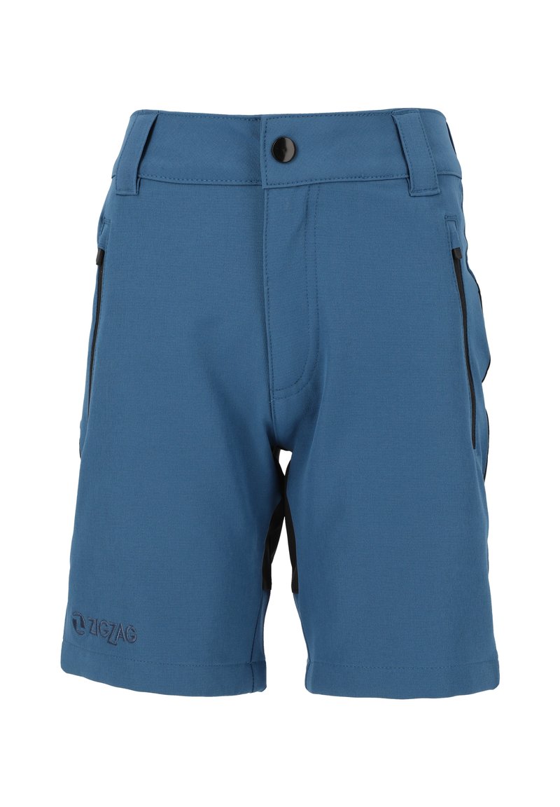 Blå shorts i ett mjukt material. De har en framknappstängning, sidofickor med svarta detaljer och en zickzack-logotyp på vänster ben.