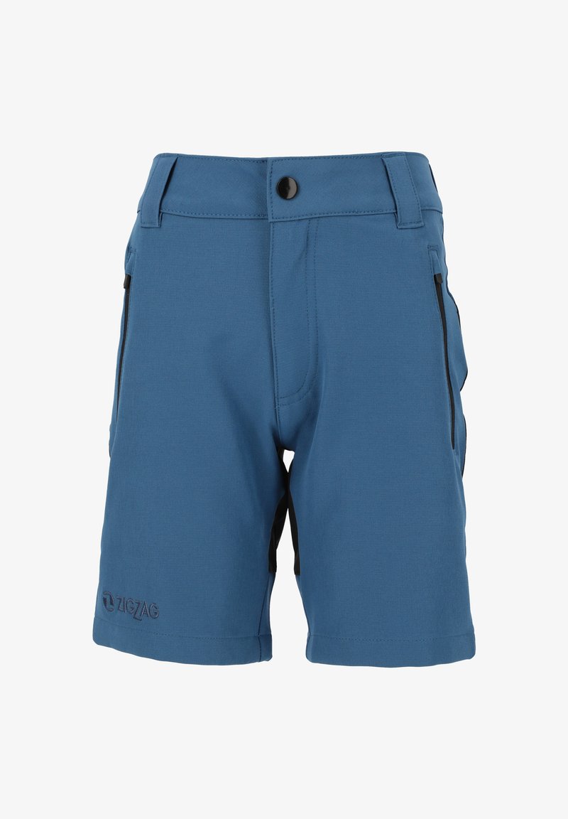Blå shorts i ett mjukt material. De har en framknappstängning, sidofickor med svarta detaljer och en zickzack-logotyp på vänster ben.
