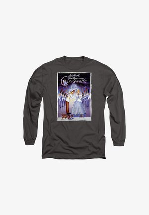 Long-sleeve grey shirt featuring a colorful Cinderella graphic with characters, castle, and festive elements, printed on the front.