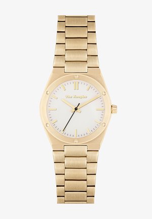 Auksinės spalvos rankinis laikrodis su baltu ciferblatu, minimalistiniu dizainu, aštuonkampiu korpusu ir nerūdijančio plieno apyranke su šlifuotais saitais.