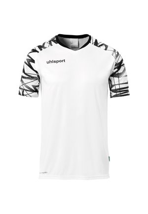 Witte sporttrui met zwart patroon op de korte mouwen, ronde halslijn en uhlsport-logo. Gemaakt van ademend materiaal en heeft een reguliere pasvorm.