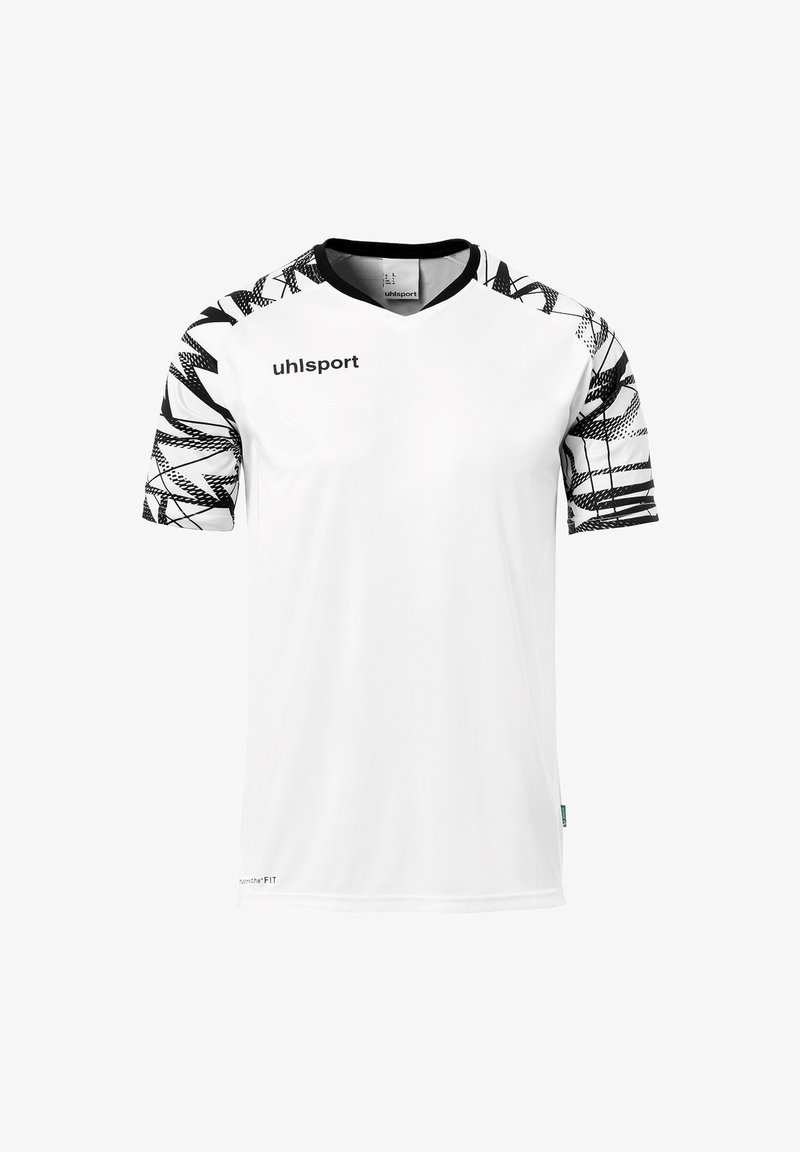 Weißes Sporttrikot mit kurzärmeligen, schwarzen Mustern, runder Ausschnitt und Uhlsport-Logo. Hergestellt aus atmungsaktivem Material, mit regulärer Passform.