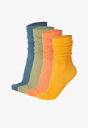 Calzini a costine in tonalità di blu, verde, arancione e giallo, con un design arricciato e lunghezze variabili per coprire la caviglia.