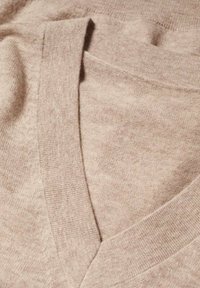 Hellbeiger Strickpullover mit V-Ausschnitt, weicher Textur und geripptem Halsbund, der sein einfaches und vielseitiges Aussehen betont.