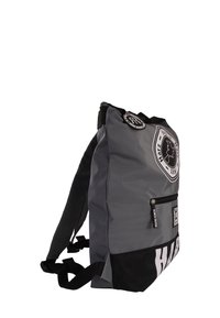 Gray and black backpack with a sleek design, made of durable material. Features logo patches, a front zip pocket, and adjustable straps.