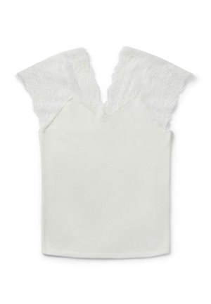 Top blanc avec un décolleté en V profond, doté de manches en dentelle. Le corps principal est en tissu lisse, créant un contraste avec la dentelle texturée.