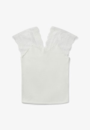 Top blanc avec un décolleté en V profond, doté de manches en dentelle. Le corps principal est en tissu lisse, créant un contraste avec la dentelle texturée.