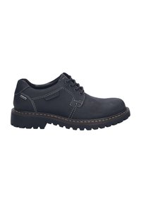 Scarpa nera in pelle con punta rotonda, lacci, cuciture a contrasto e suola in gomma spessa e testurizzata. Presenta un dettaglio del logo sul lato.