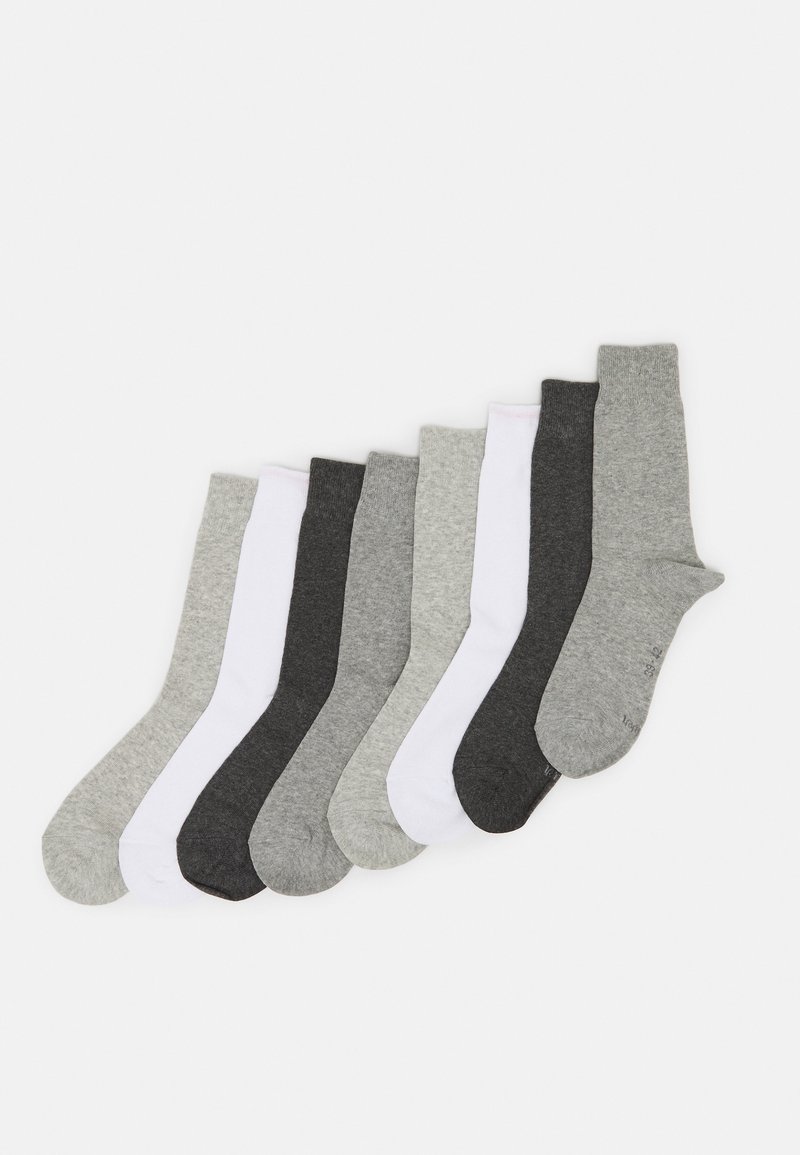 Set aus neun Socken in verschiedenen Grautönen sowie Schwarz und Weiß. Besteht aus einem weichen Baumwollgemisch, hat eine glatte Textur und ein standardmäßiges Crew-Längen-Design.