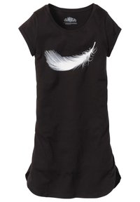 Abito t-shirt nero in cotone. Maniche corte, scollo rotondo, con una grafica di una piuma bianca sul davanti, dotato di leggere fessure laterali.