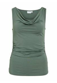 Haut sans manches à col drapé en vert olive, fabriqué en tissu lisse avec des accents froncés sur les côtés et une silhouette ajustée.