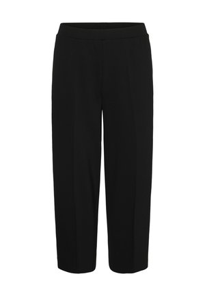 Melnas platajām kājām saīsinātas bikses ar pieguļošu vidukļa joslu un vertikālām šuvēm priekšpusē.