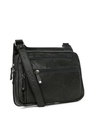 Borsa a spalla in pelle nera con una texture liscia, diversi scomparti con cerniera e una tracolla regolabile. Design rettangolare compatto.