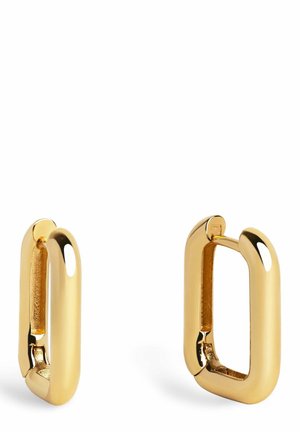 Deux boucles d'oreilles créoles rectangulaires en or brillant avec des bords arrondis sur un fond blanc.