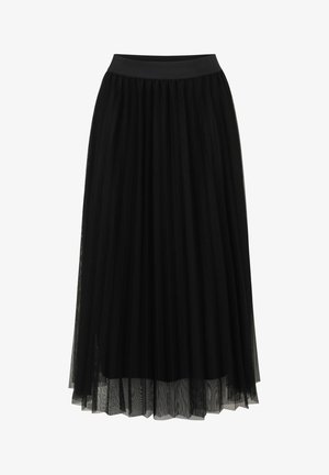 Gonna maxi in tulle nera con cintura elastica ampia, caratterizzata da pieghe sovrapposte e una texture trasparente, che offre una silhouette fluida.