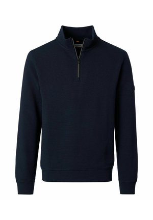 Navy blue knit pullover with long sleeves, quarter-zip collar, and ribbed cuffs and hem.