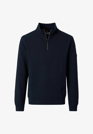 Marineblauer Strickpullover mit langen Ärmeln, Viertelreissverschluss am Kragen sowie gerippten Bündchen und Saum.