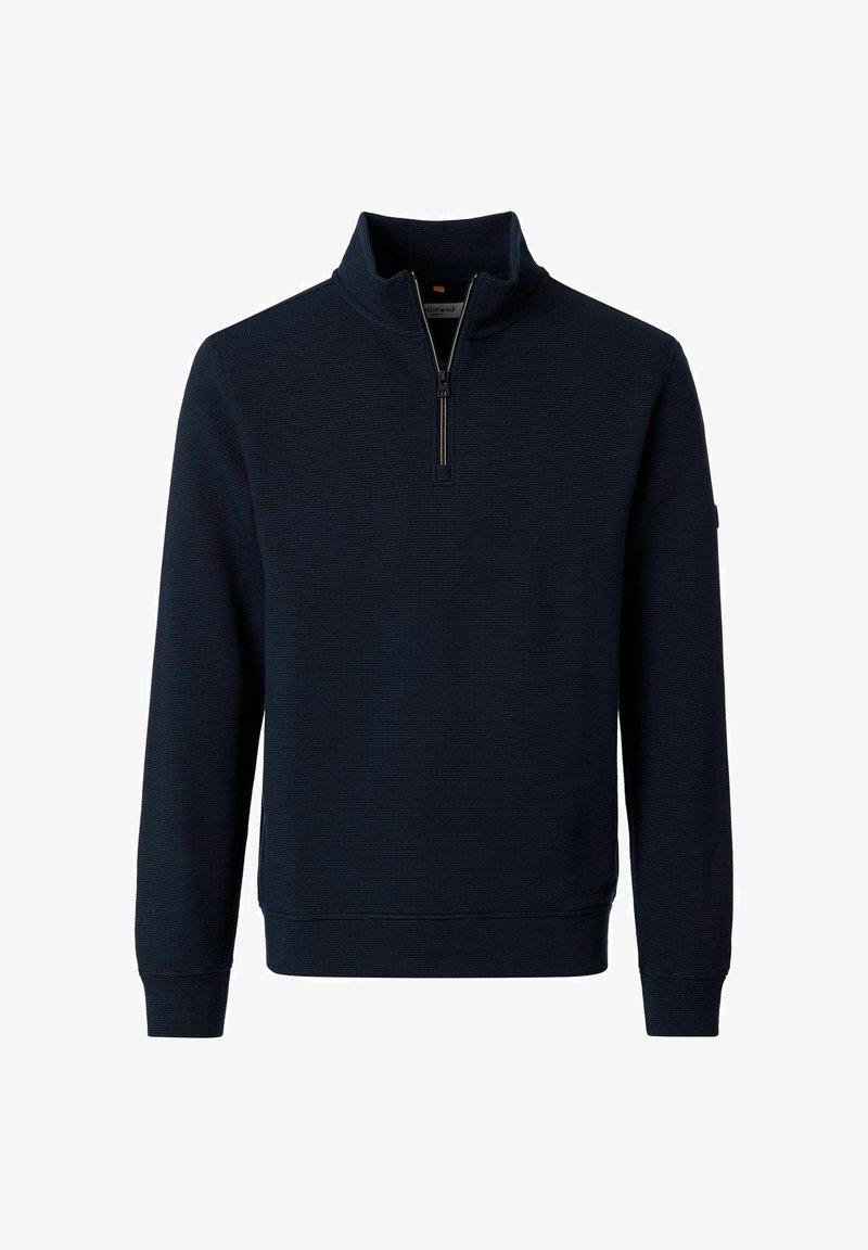 Navy blue knit pullover with long sleeves, quarter-zip collar, and ribbed cuffs and hem.