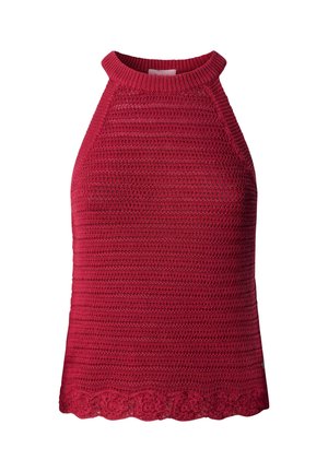 Top rossa senza maniche a collo alto in maglia, con collo a coste e orlo in pizzo smerlato, caratterizzato da motivi a punto orizzontale texturizzato.