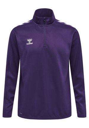 Paarse lange mouw quarter-zip top van gladde stof, met een hoge kraag, witte zijstrepen en een klein logo op de borst.