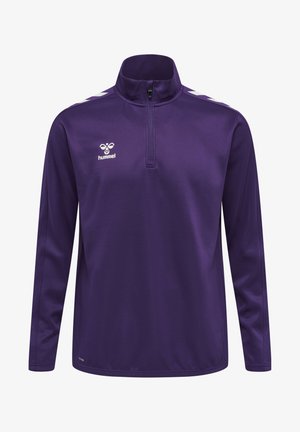 Paarse lange mouw quarter-zip top van gladde stof, met een hoge kraag, witte zijstrepen en een klein logo op de borst.