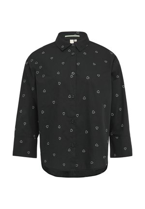 Camicia nera con bottoni, motivo a cuori bianchi, maniche lunghe e colletto classico. Realizzata in tessuto morbido con una vestibilità su misura.