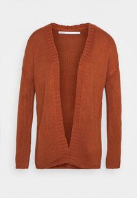 Cardigan en tricot d'une couleur rouille chaude, avec un devant ouvert, des manches longues et un motif texturé. Aucun système de fermeture.