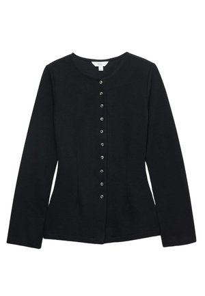 Czarny kardigan z długim rękawem wykonany z dzianiny, z okrągłym dekoltem i centralnym rzędem sześciu guzików. Dopasowany krój z delikatnym rozszerzeniem.