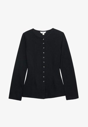 Czarny kardigan z długim rękawem wykonany z dzianiny, z okrągłym dekoltem i centralnym rzędem sześciu guzików. Dopasowany krój z delikatnym rozszerzeniem.