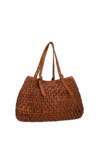 Brown leather shoulder bag with woven texture, two handles with metal eyelets, and small metal studs on the surface.