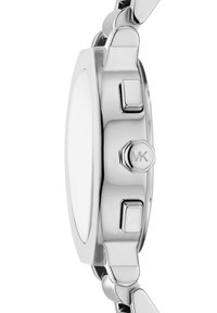 Orologio in acciaio inox argentato con cassa rotonda, corona texturizzata e lunetta liscia. Il bracciale presenta anelli interconnessi lucidi e spazzolati.