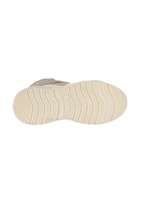 Suola di scarpa di un beige chiaro con scanalature testurizzate, che presenta un logo di marca e una finitura liscia. Il design si concentra su aderenza e comfort.