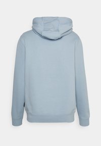 Felpa con cappuccio azzurro chiaro dal tessuto morbido, caratterizzata da una tasca a marsupio, polsini e orlo a costine, vista da dietro.