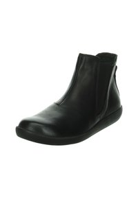 Black leather ankle boot with a sleek, minimalist design. Features elastic side panels and a rounded toe, set on a flexible sole.
