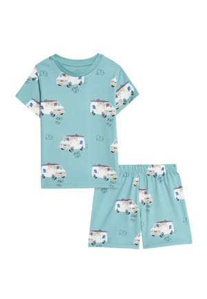 Dziecięcy jasnoniebieski zestaw z krótkim rękawem i szortami z rysunkami vanów, zwierząt, chmur oraz napisem "ROAD TRIP".