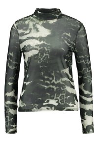 Långärmad topp med hög hals gjord av genomskinligt material som har ett grönt och vitt abstrakt mönster med en slät yta.