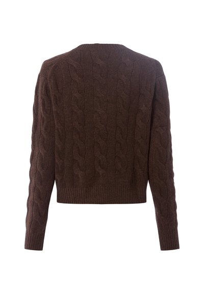 Pull en laine marron, design court, manches longues, ourlet et poignets côtelés, avec un motif texturé dans tout le vêtement.