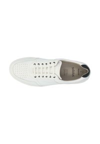 Weiße Leder Sneakers mit perforierten Details, schwarzen Akzenten an der Ferse und flachen weißen Schnürsenkeln auf einer strukturierten Sohle.