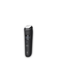 Rasoi Philips nero con impugnatura texturizzata, lama in acciaio inossidabile, display digitale e pulsante di accensione. Progettato per l'uso su pelle bagnata e asciutta.