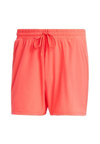 Coral swim shorts made of lightweight fabric, featuring an elastic waistband with a drawstring, and smooth, textured surface.