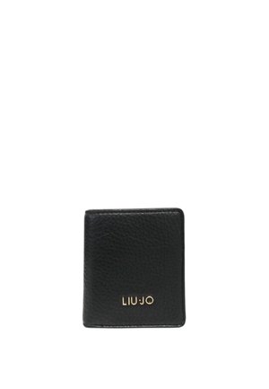 Portafoglio in pelle nera con superficie texture, forma quadrata, caratterizzato dal logo dorato "LIU-JO" sul fronte. Design compatto per una facile portabilità.