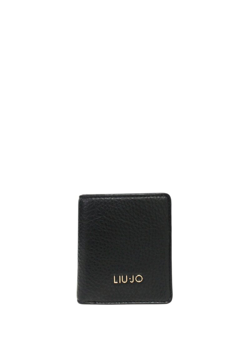 Portafoglio in pelle nera con superficie texture, forma quadrata, caratterizzato dal logo dorato "LIU-JO" sul fronte. Design compatto per una facile portabilità.