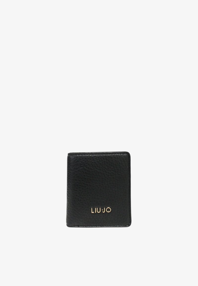 Portafoglio in pelle nera con superficie texture, forma quadrata, caratterizzato dal logo dorato "LIU-JO" sul fronte. Design compatto per una facile portabilità.