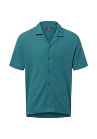 Kurzärmliges, kragenloses Hemd in Teal mit Knopfverschluss, texturierter Stoff und geradem Saum. Einfaches Design ohne Muster.