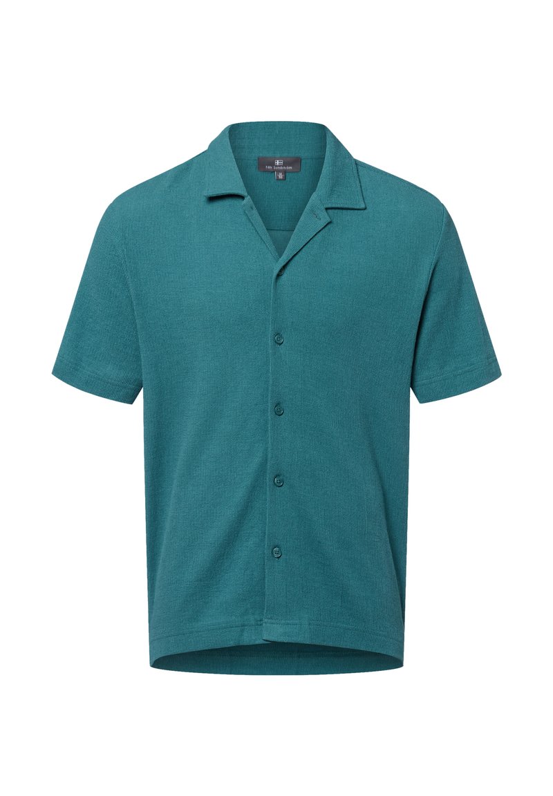 Kurzärmliges, kragenloses Hemd in Teal mit Knopfverschluss, texturierter Stoff und geradem Saum. Einfaches Design ohne Muster.