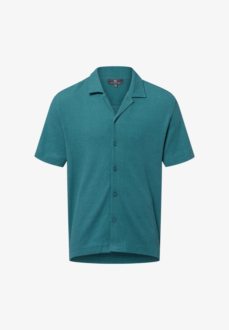 Kurzärmliges, kragenloses Hemd in Teal mit Knopfverschluss, texturierter Stoff und geradem Saum. Einfaches Design ohne Muster.
