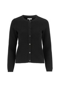 Svart cardigan i stickad tyg, med rund halsringning, långa ärmar och mittknäppning med sex knappar framtill.